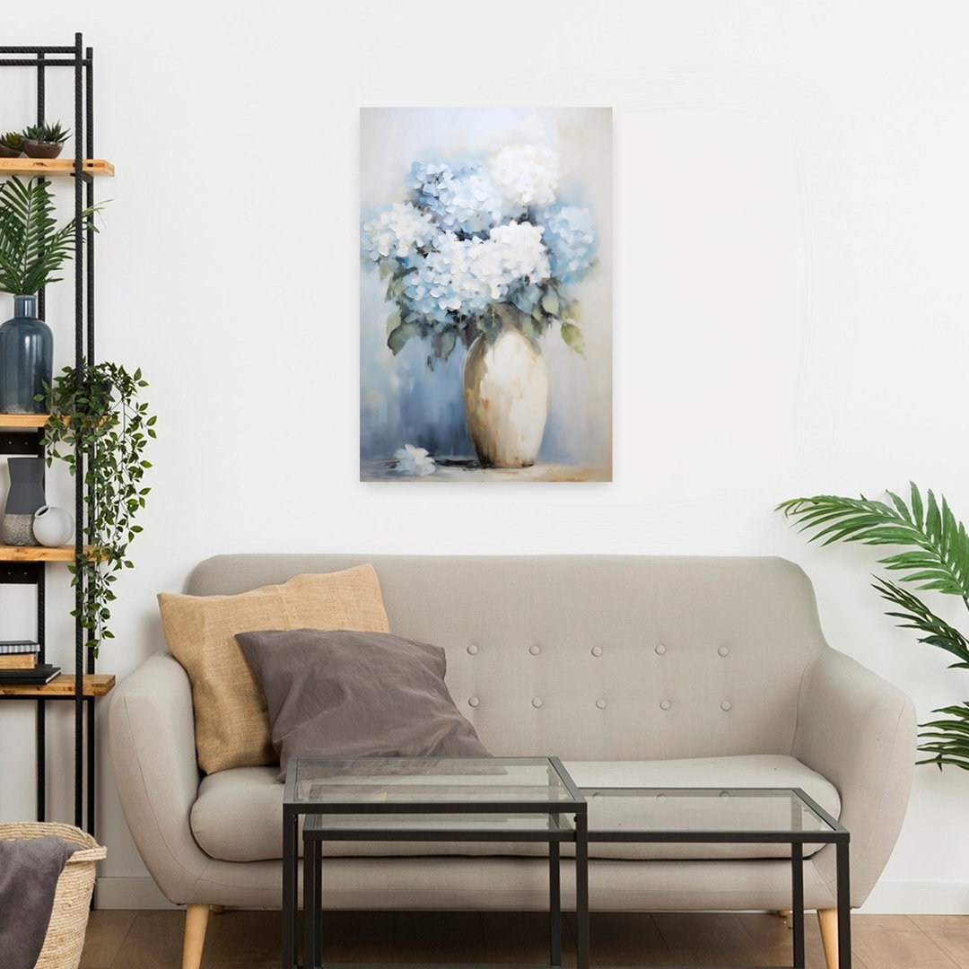Blue And White Hydrangeas In Vase Classic Contemporary Delicate Hydrangea Wall Art Print