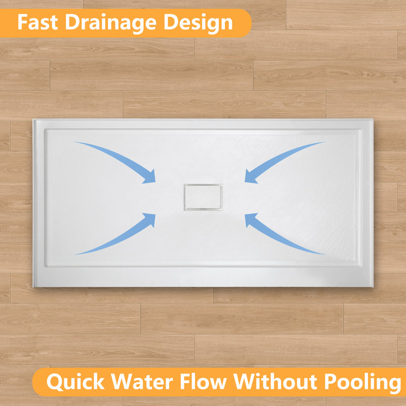 60 po L 32 po W Base de bac de douche en alcôve SMC avec drain central, 60"L X 32"W, Au centre