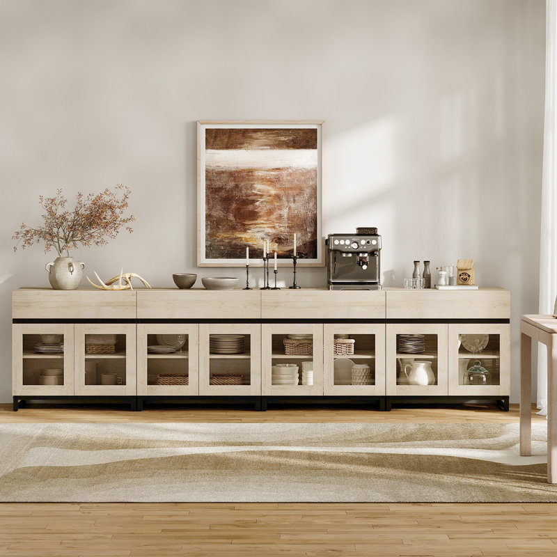 4 In 1 Multifunctional Sideboard Buffet Cabinets With 8 Glass Doors And 4 Drawers, Modern Sideboard Credenza With Metal Base, Coffee Bar Storage Cabinet For Living Room, Kitchen