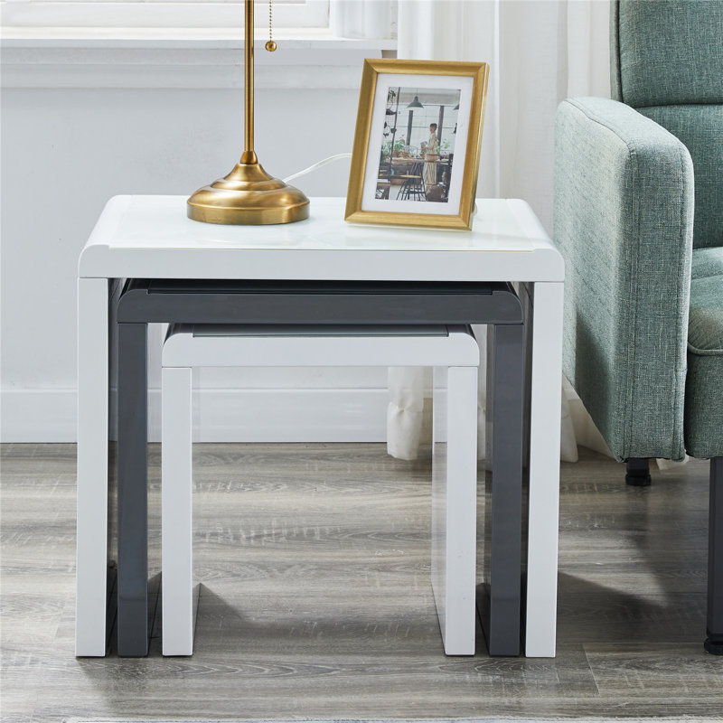 Beula 3 - Piece Stackable Living Room Center Table Nesting Table Set With Tempered Glass Top, White & Grey