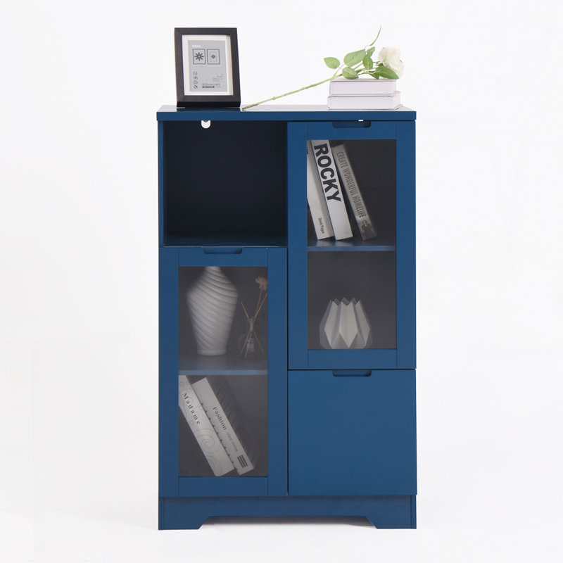 Armoire avec portes en verre et tiroir, espace de rangement ouvert, Bleu
