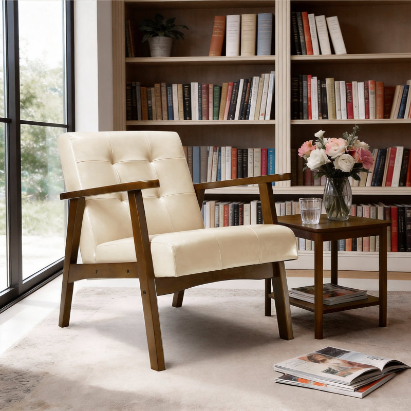 Havva 21.65'' Wide Tufted Artificial Leather Mid-Century Modern Armchair, Beige