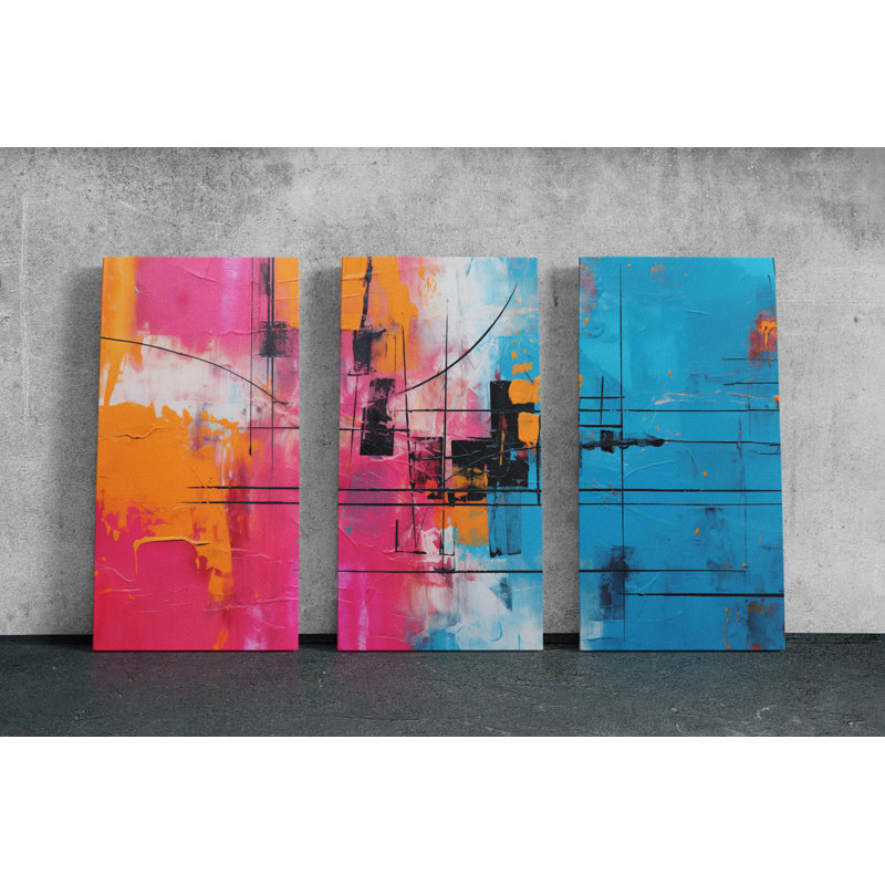 «Triptych», art mural sur toile - Triptyque géométrique rouge, jaune, noir, ensemble de toiles abstraites modernes pour les amateurs de décoration et d'art audacieux