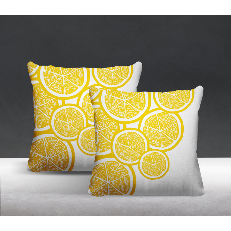 Oreiller carré intérieur / extérieur jaune Lulu, L 15 po x H 15 po, Jaune / blanc