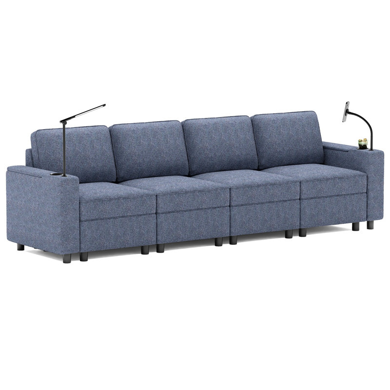 Canapé modulaire rembourré 4 places avec rangement pour le salon, Mélange de polyester bleu marine