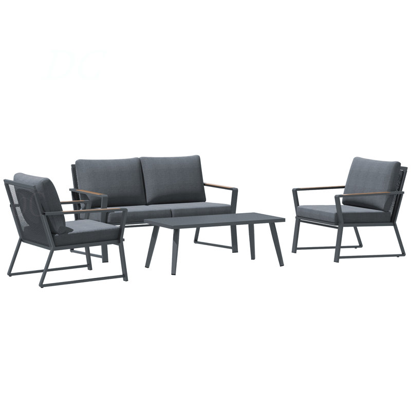 Ensemble de meubles de patio 4 pièces, ensemble de conversation en aluminium, ensemble de canapé de jardin avec fauteuils, causeuse, table basse centrale et coussins