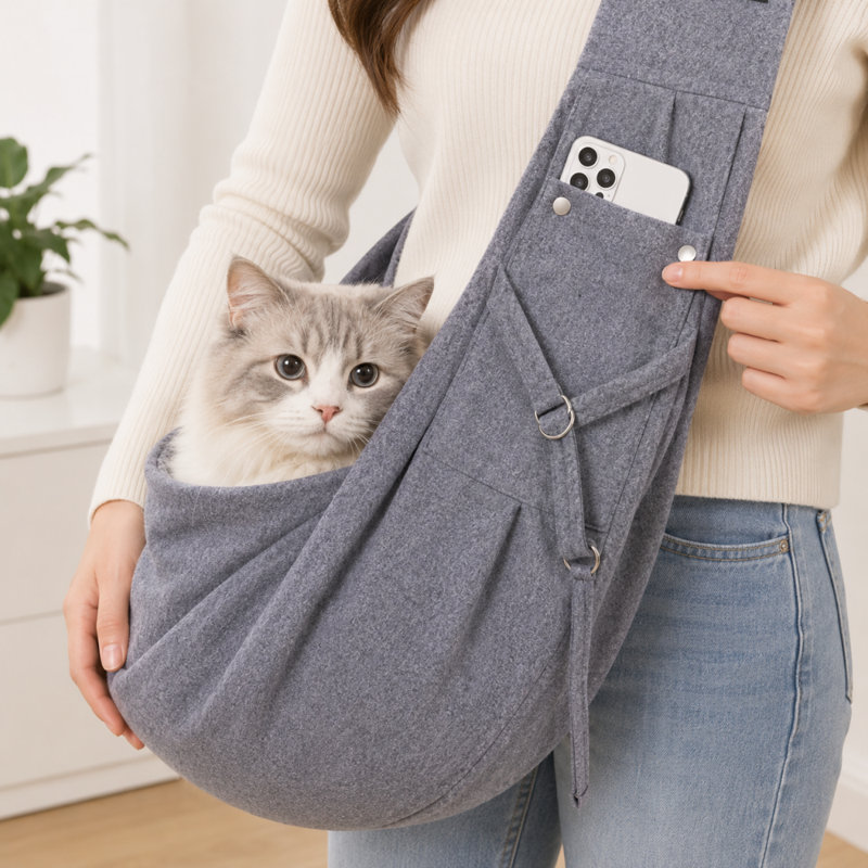 Sangle de transport réglable à l'avant avec sangle d'épaule large et poche de rangement pour chats et petits chiens