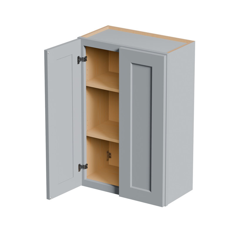 Armoire murale grise avec portes doubles et tablettes réglables. 