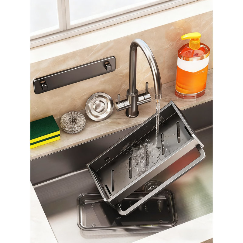 Support de rangement mural pour évier de cuisine, facile à installer sans perçage, avec un bac de récupération d'eau et une tige de séchage, propre et bien rangé, adapté pour ranger les produits de nettoyage, les brosses et les chiffons, et peut également être utilisé dans la salle de bain pour ranger Bath Pro