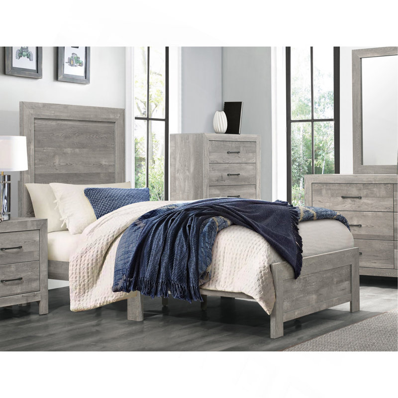 Mobilier de chambre à coucher rustique en bois avec panneau à finition rustique 1pc, lit dans une boîte, Lit simple, Gris