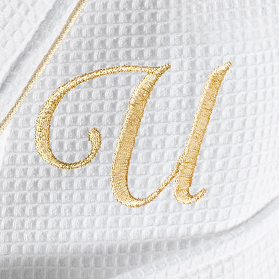 Linum Home Textiles 100% Turkish Cotton Personalized Unisex Waffle Terry Bathrobe White With Gold Satin Piping