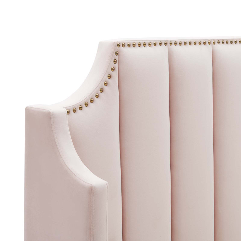 Pink Velvet Queen Platform Bed with Tufted Headboard and Nailhead Trim