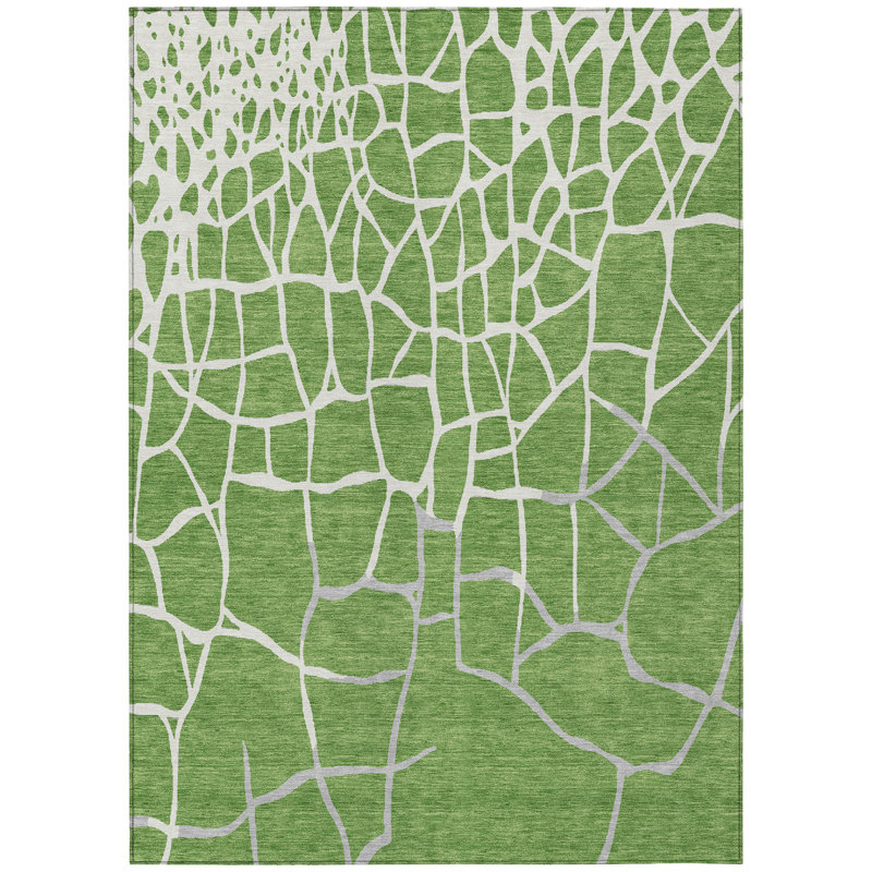 Green and White Synthetic Mosaic Pattern Washable Area Rug