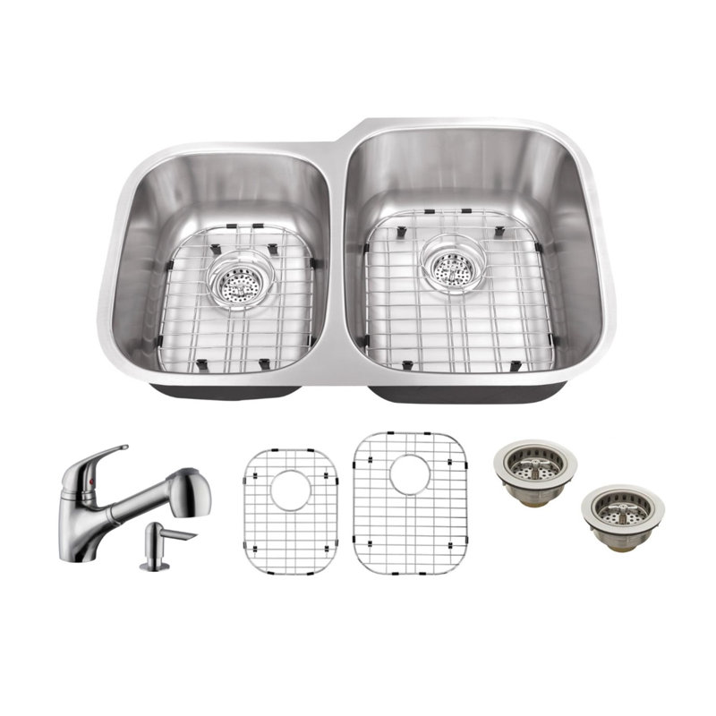 Évier de cuisine à double cuve avec robinet encastrable l 32 po x l 21 po, Robinet d'allure simple