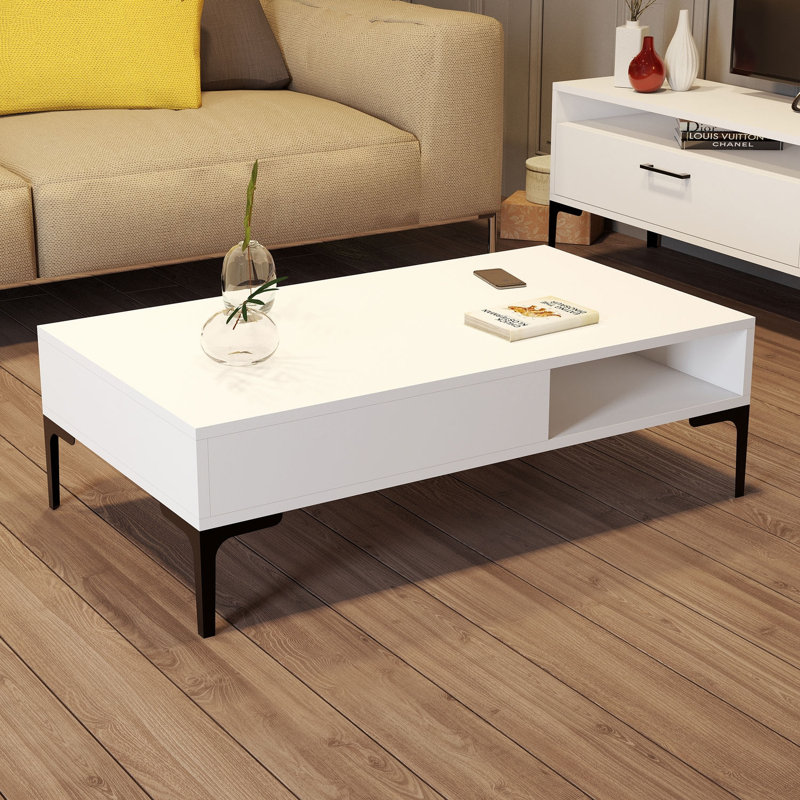 Modern White Coffee Table with Metal Legs, 41.3 x 12.8 x 23.6 inches | 100% Melamine Coated Particle Board, Thickness: 0.7 inches | Stylish Design for Living Room & Home Decor, Durable & Elegant Finish