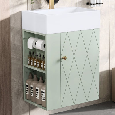 20 Inch Modern Bathroom Vanity With Smooth Ceramic Sink, Diamond Groove Door, Gold Hardware And Towel Bar - Stylish Compact 20-inch Enclosed Storage, Golden Handle Great For Guest Baths