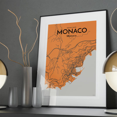 Monaco City Map in Orange 1 Piece Wall Art