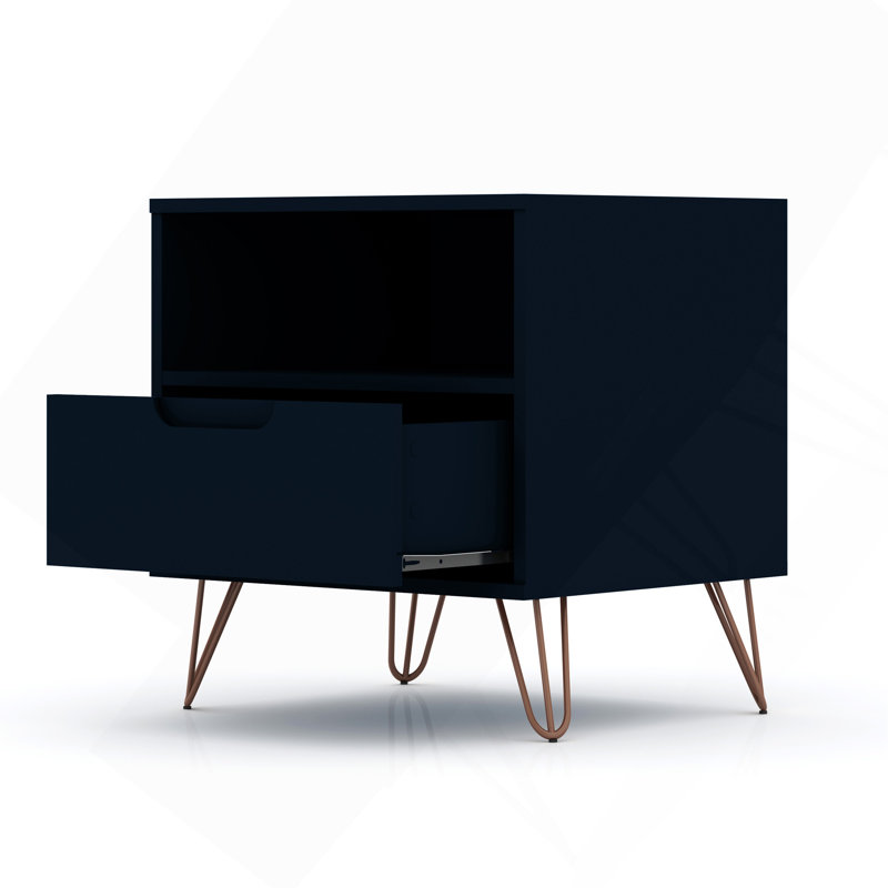 Rockefeller 20" Nightstand In Midnight Blue (1-Drawer), Dark Blue/Bronze