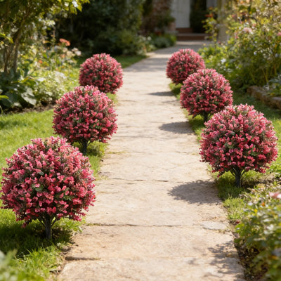 6-Pack 26-Inch Artificial Topiary Ball Trees with Ground Spikes, UV Resistant Fake Rose Boxwood Plants for Outdoors, Faux Boxwood Bush for Garden Patio Porch Yard Decor (Set of 2)