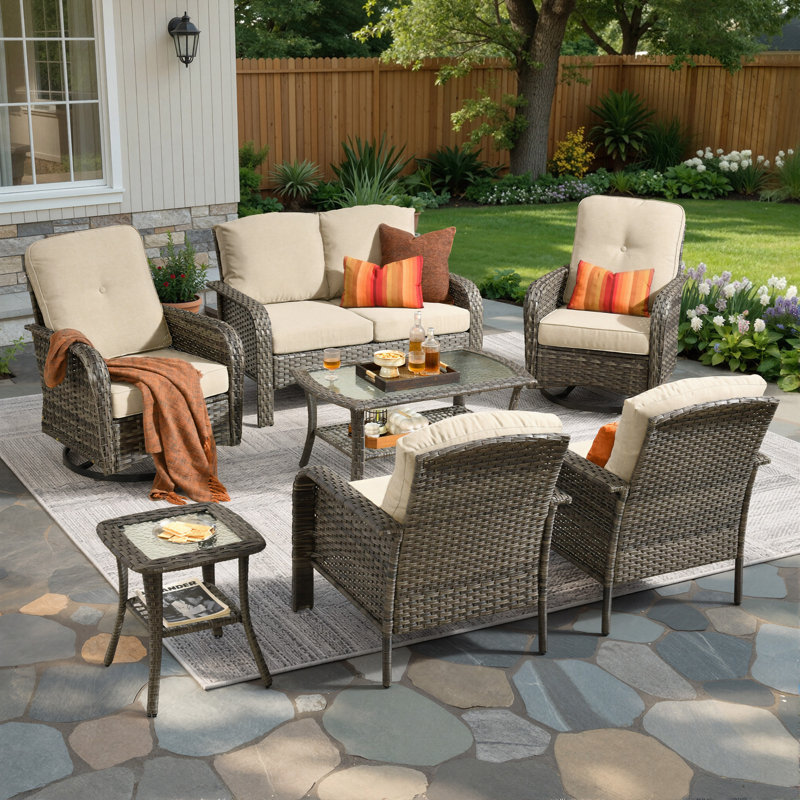 Jordanlee 6- Person Outdoor Seating Group With Cushions With Rocking Swivel Chairs, Beige