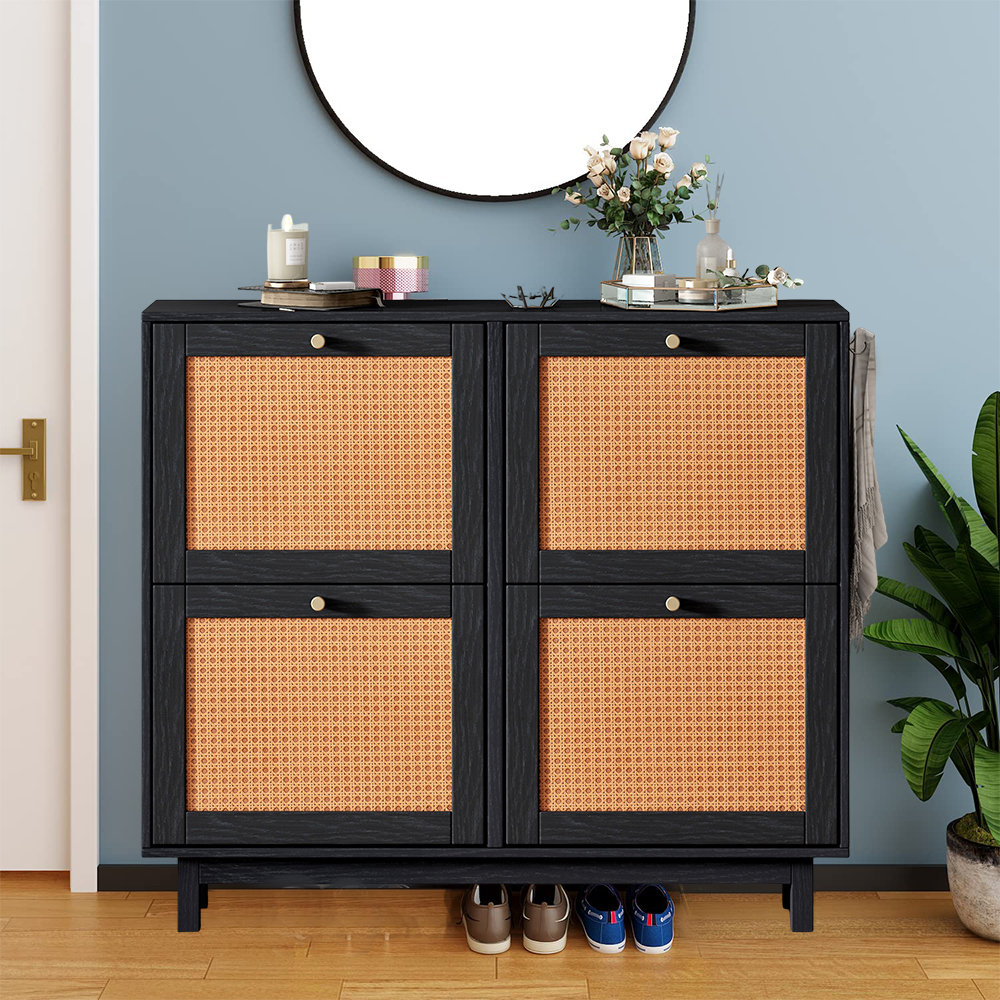 Modern Shoe Cabinet Shoe Rack with Flip Doors, 4 Tier Narrow Wood Entryway  Cabinet for 24 Pairs of Shoes Storage(Black)