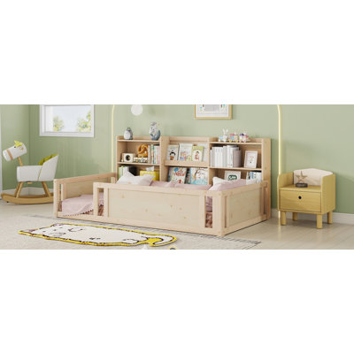 Twin Size Wooden Platform Floor Bed with Guardrail Fence and Convenient Side Storage Shelves, Space-Saving Kids Bed Frame