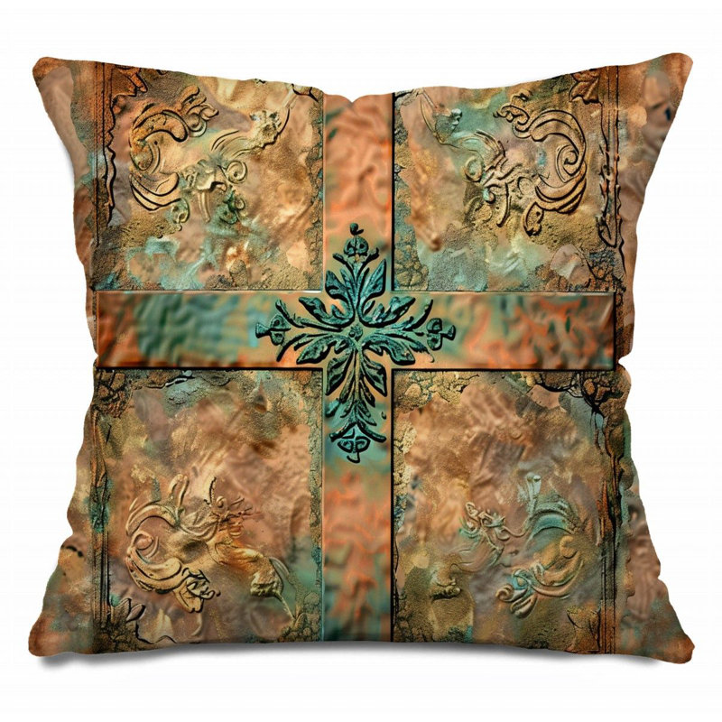 Coussin Trendy, Vert / brun clair floral, H 18 po x l 18 po