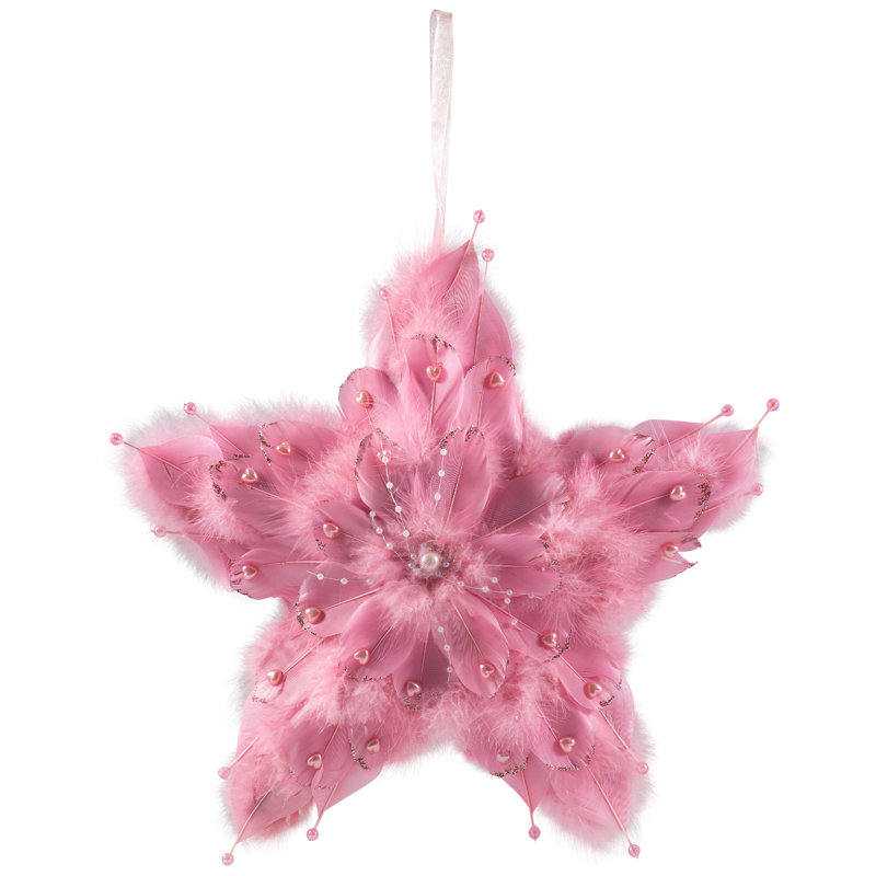Plush Feather Star Glittered Christmas Ornament With Hearts -12" - Pink