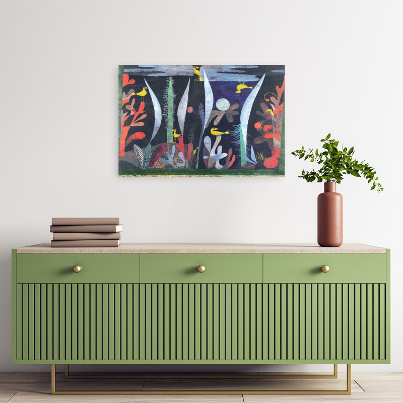 «Landscape with Yellow Birds», reproduction d'art géométrique classique au printemps, 16" H x 24" W