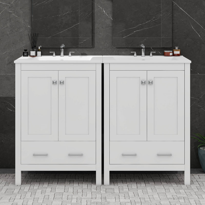Meuble-lavabo 48 po avec tiroir divisé et tablette de porte double couche, Blanc