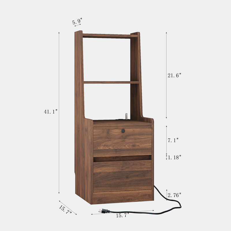 Modern Night Stand with Bookshelf, Wood