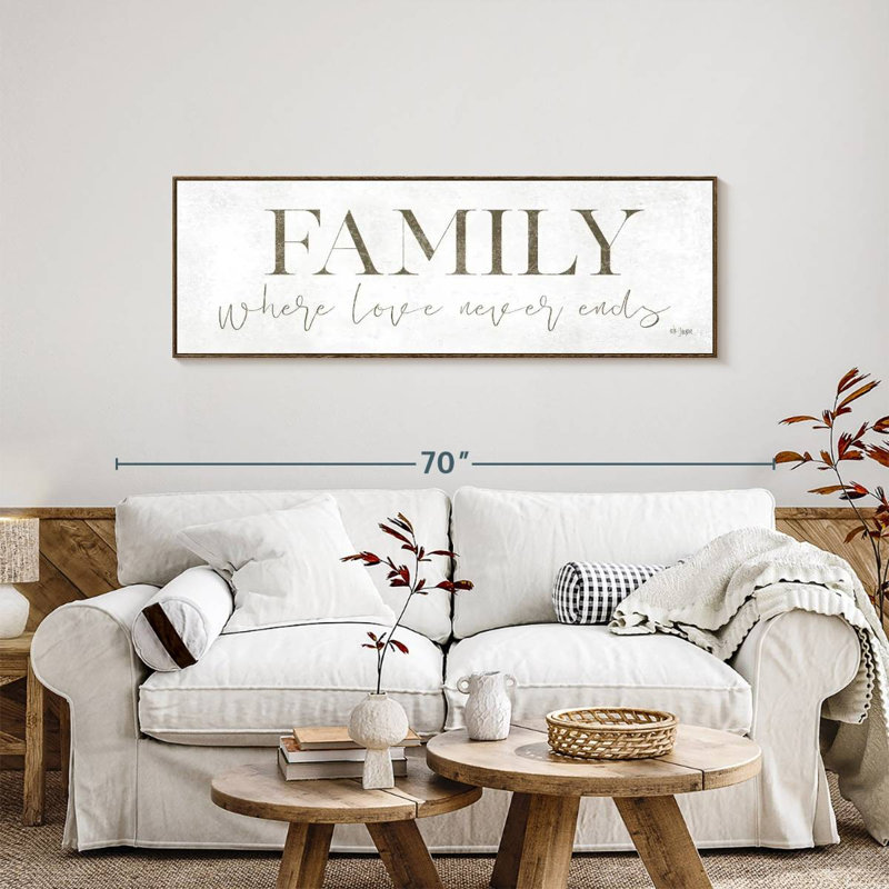 Plaque murale «Family Where Love Never Ends», 57" X 19", Cadre flottant noyer