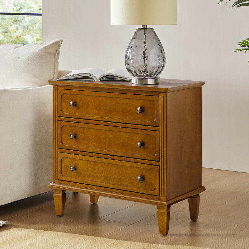 Amberlyn 28.3'' W Transitional 3-Drawer End Table with Built-In Outlet and Solid Wood Legs, Acorn