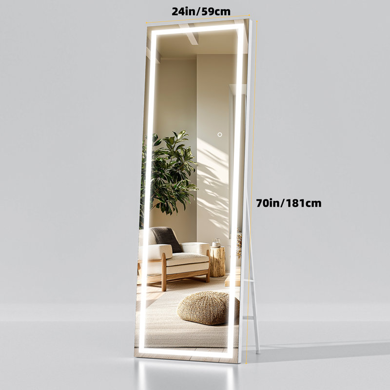 Modern & Contemporary Lighted Full Length Mirror with Temepered Glass & 3 Years Warranty, White, 55" x 16"