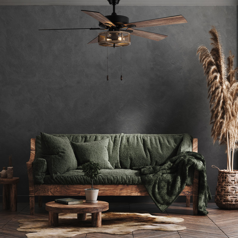 52" Milly 5-Blade Woodgrain Caged Farmhouse Ceiling Fan, Pull Chain