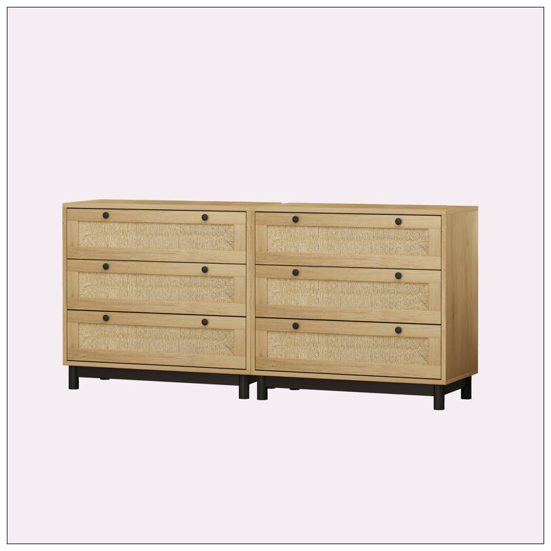 Armoire de rangement à 3 tiroirs en corde tissée (ensemble de 2), Chêne