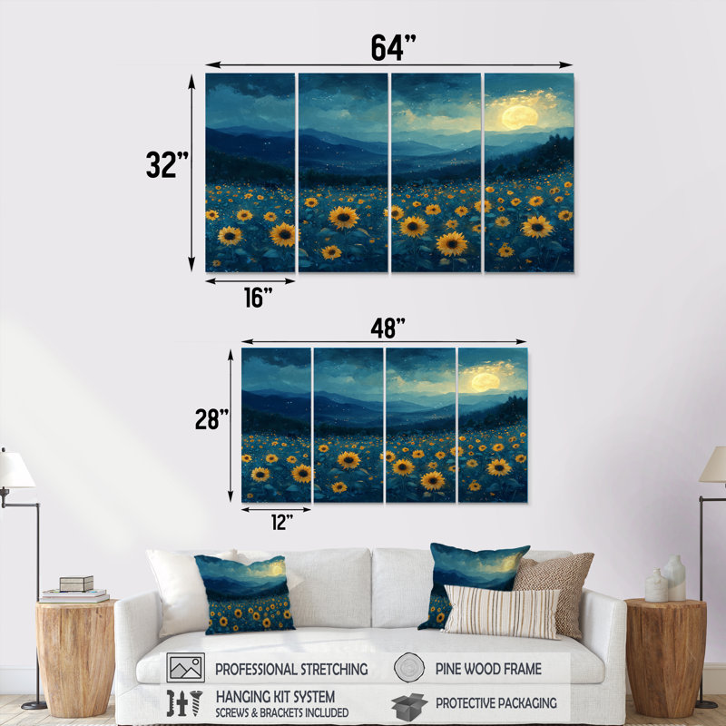 Diretha - Art mural tournesols - Décoration murale traditionnelle, H 28 po x l 48 po, 4