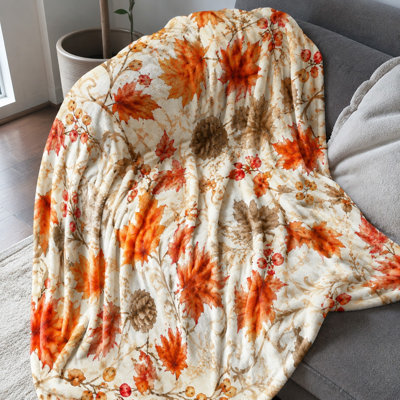 Couverture polaire imprimée de feuilles d'automne et de pommes de pin, jeté doux et léger en peluche pour canapé, chambre, salon, décoration intérieure