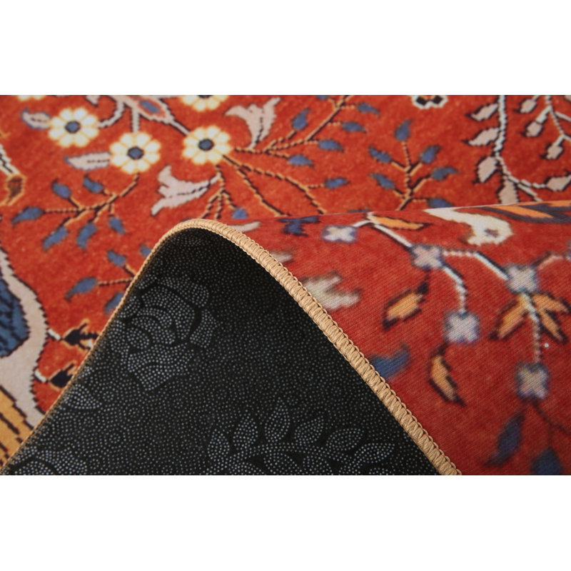 Modern Burnt-Orange Bird Design Machine Washable Rug with Built-in Padding & Non-Slip Backing, Runner 3' x 10'