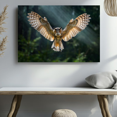 Toile, un majestueux hibou avec des ailes déployées qui glisse gracieusement à travers un art mural Sun Dappled Forest mettant en vedette une plume complexe