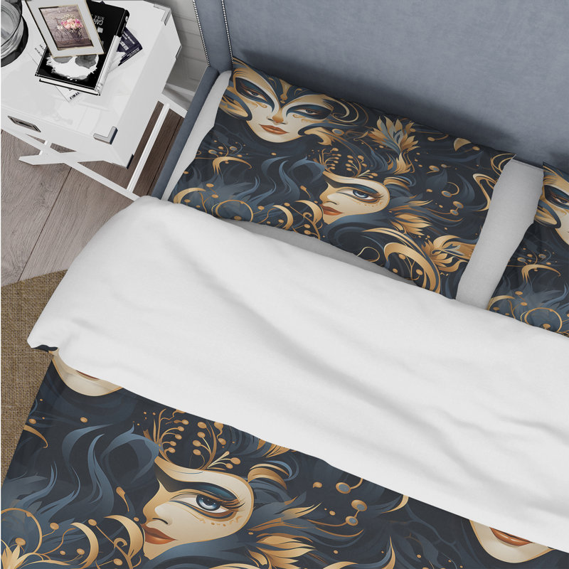 Ensemble de housse de couette à motif doré Venice Masquerade, Housse de couette pour grand lit et 2 taies décor