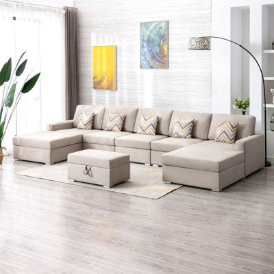 Canapé modulaire double en lin 6 pièces avec pattes interchangeables, repose-pieds et coussins Nolan
