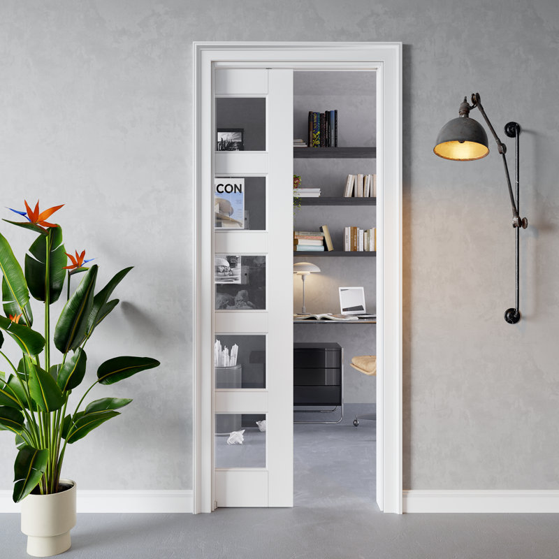 Porte intérieure coulissante à 5 carreaux en verre clair, en MDF CARB P2 et verre trempé SGCC, avec cadre renforcé et quincaillerie incluse, pour chambre à coucher, préfinie et imperméable, idéale pour garde-manger, chambre, salle de bain et garde-robe, teinture facile à appliquer soi-même, 76 cm x 203 cm