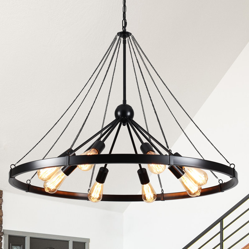 Lustre en roue de chariot Spoutnik à 8 lumières Daleysha, Noir