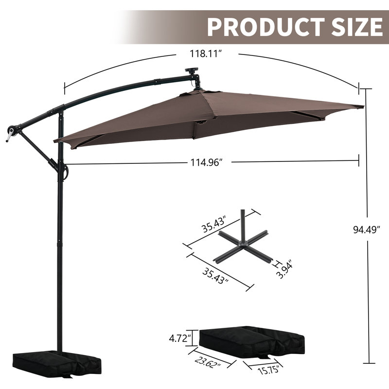Parasol de marché suspendu 10 pi avec lumières solaires et base, Café