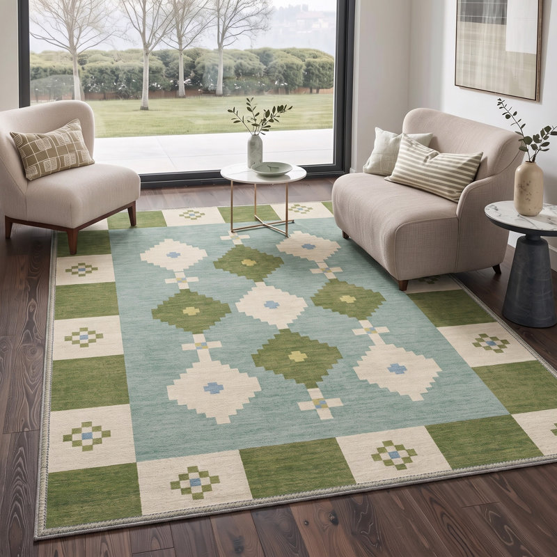 Tapis bleu / vert marocain lavable à la machine avec envers antidérapant, Rectangle 5' x 7'