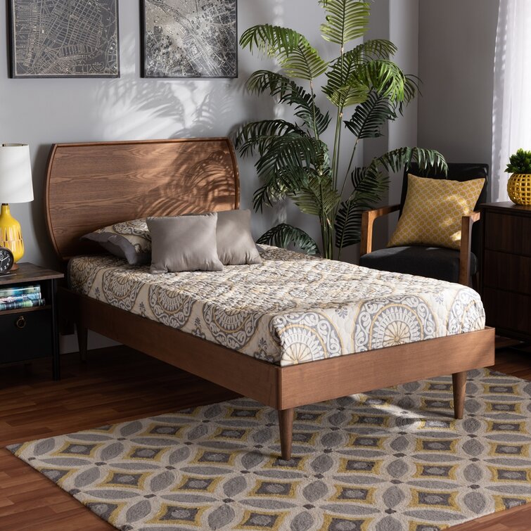 Twin Bed Frame No Box Spring Needed, Walnut Twin Platform Bed Frame with Headboard and Storage Drawers, Modern Wood Twin Bed Frame Bedroom Furniture