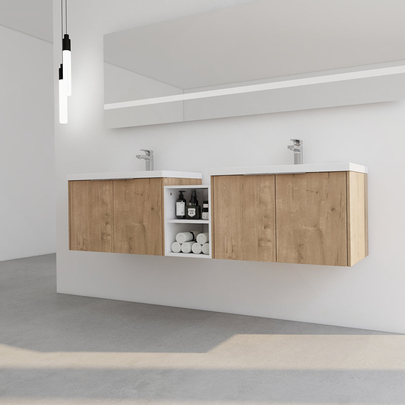 Meuble-lavabo à fermeture en douceur avec lavabo, 71.1", Imitation chêne
