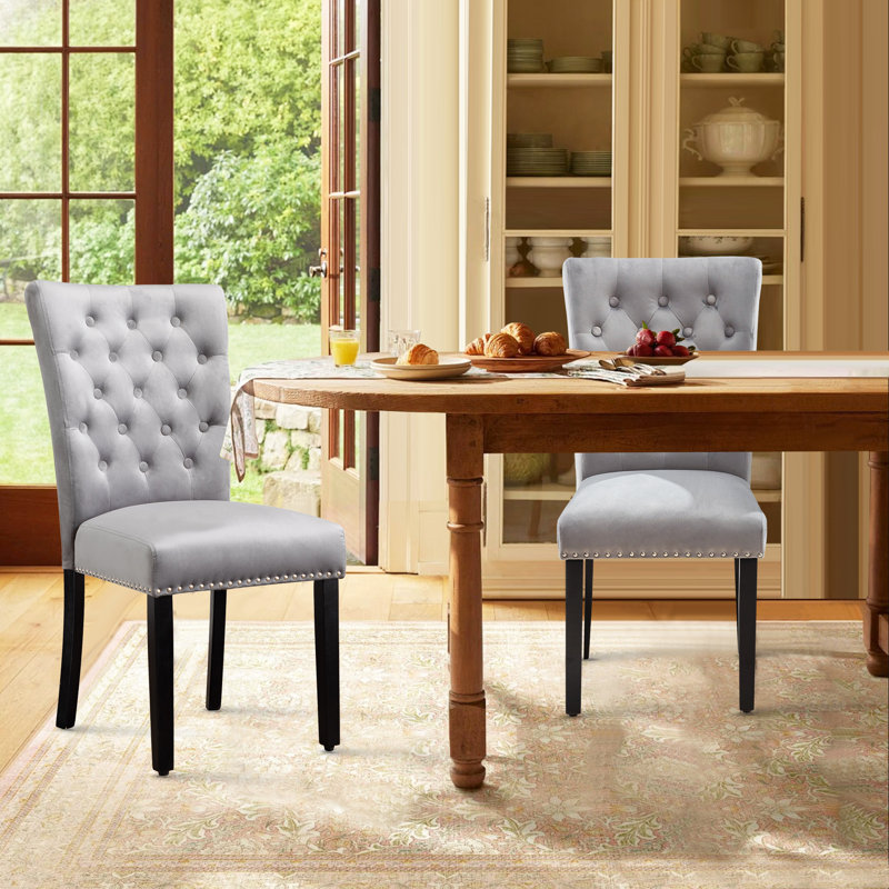 Set Of 2 Velvet Upholstered High Back Tufted Parsons Dining Chair, Gray