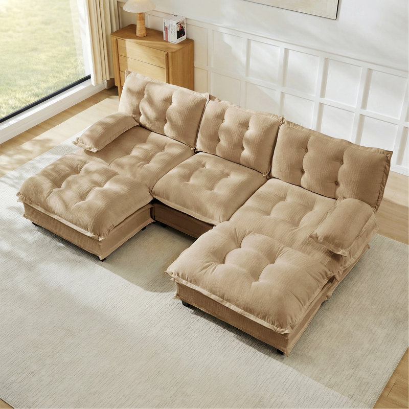 Canapé modulaire en U avec 2 repose-pieds, canapé capitonné 3 places pour le salon, L 107,8 po, Café clair